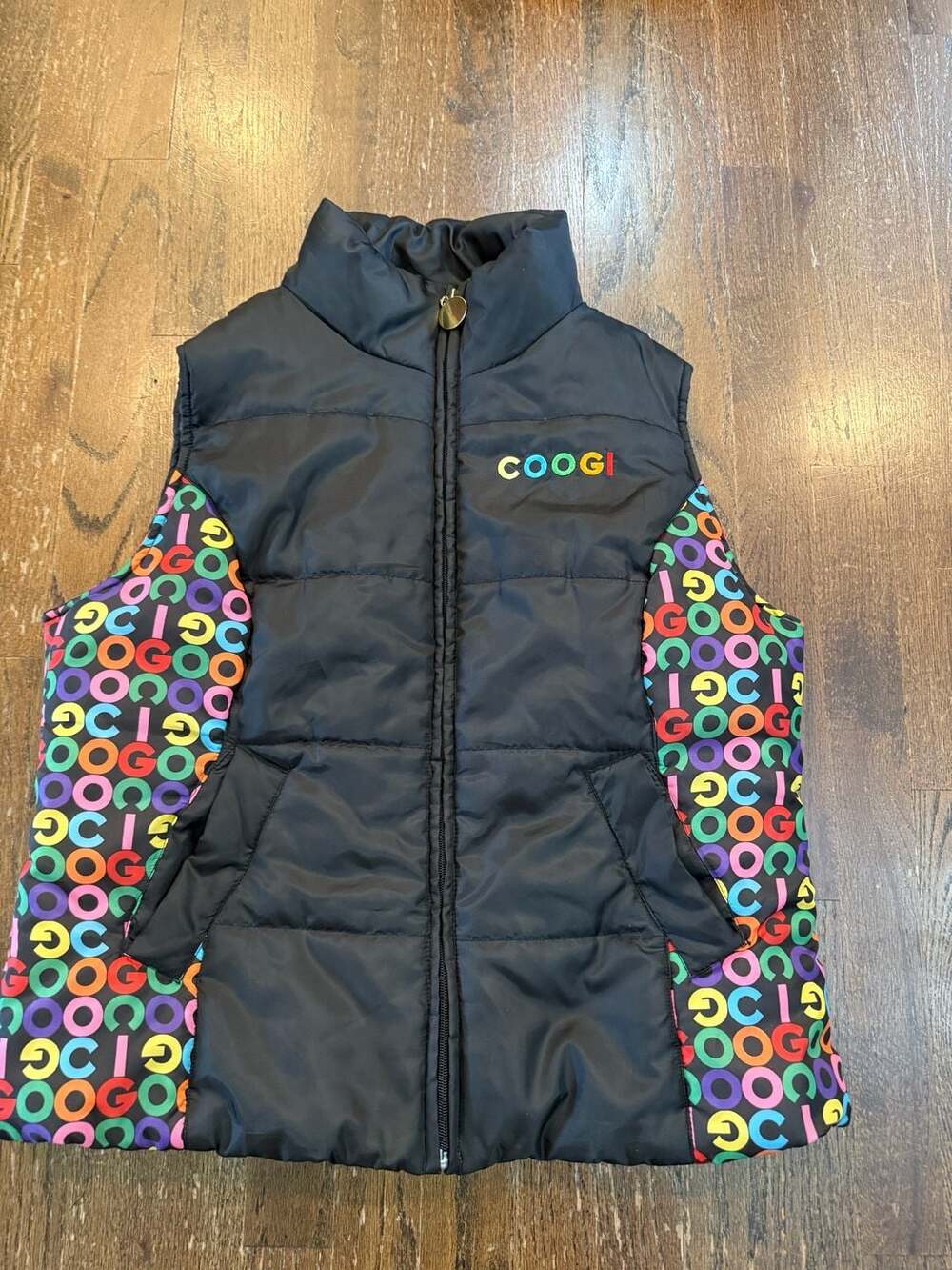 COOGI Black Women’s Puffer Vest With Rainbow Logo Print Sides Size XL